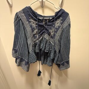 Free People Dark Blue Boho Embroidered Blouse Size M